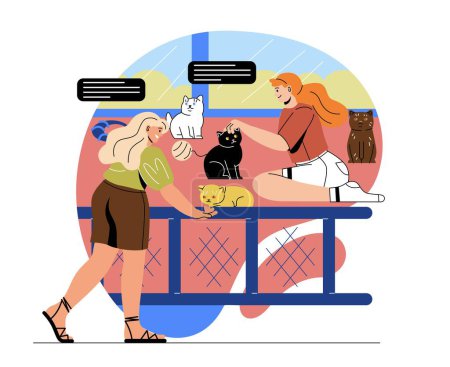 Illustration for Animal care concept. Young female employee of pet hotel looks after fluffy cats in aviary. Nurse or pet sitter plays with small cute kittens. Cartoon flat vector illustration in doodle style - Royalty Free Image