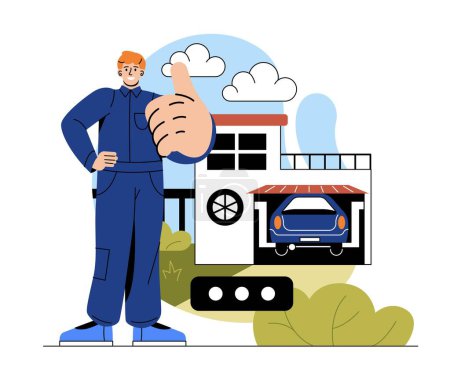 Illustration for Automobile service concept. Young male auto mechanic or handyman parks car in garage or service center for fault diagnosis and repair. Maintenance. Cartoon flat vector illustration in doodle style - Royalty Free Image