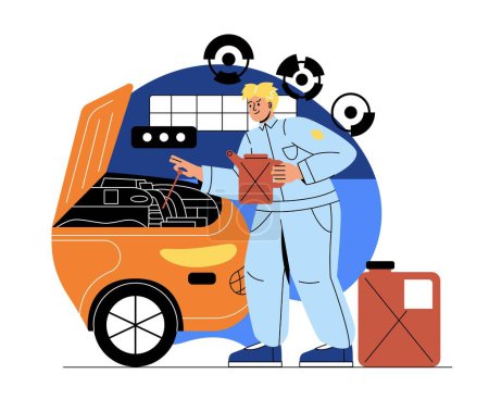 Illustration for Automobile service concept. Male auto mechanic or service technician diagnosing car engine and changing oil or parts. Maintenance or Troubleshooting. Cartoon flat vector illustration in doodle style - Royalty Free Image