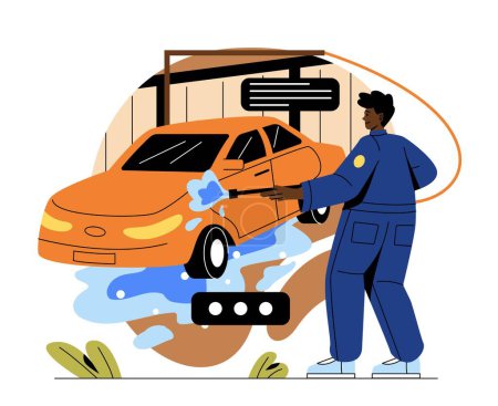Illustration for Automobile service concept. Male car wash employee in uniform washes customer car with detergents, foam and water. Cleansing and removing dirt. Cartoon flat vector illustration in doodle style - Royalty Free Image