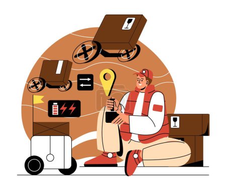 Illustration for Global logistics or international shipping. Young male courier sends boxes with parcels or orders using drones and delivery robots. Import or export. Cartoon flat vector illustration in doodle style - Royalty Free Image