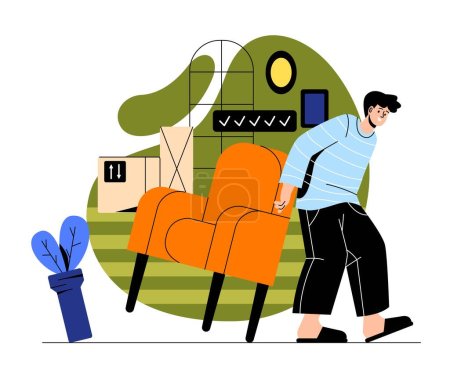 Illustration for House renovation concept. Young smiling male owner of apartment rearranging furniture in living room. Stylish house interior design. Cartoon contemporary flat vector illustration in doodle style - Royalty Free Image