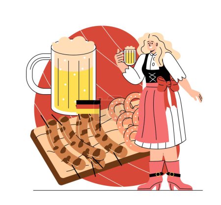 Téléchargez les illustrations : Concept de cuisine nationale. Jeune femme tenant une tasse de bière et mangeant de délicieuses saucisses bavaroises ou de la viande fumée. Nourriture traditionnelle allemande. Illustration vectorielle plate de dessin animé dans le style doodle - en licence libre de droit