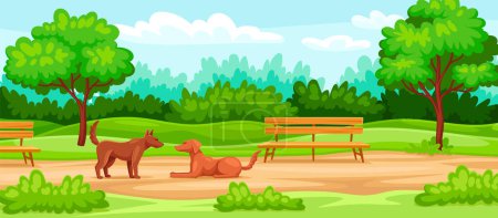Illustration for Beautiful park landscape. Dogs or puppies walk in park with benches, green trees and plants. Nature and environment. Animals play outdoor. Background for printing. Cartoon flat vector illustration - Royalty Free Image