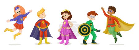 Illustration for Set of kids in superhero costumes. Cute preschool boys and girls dressed as comic book characters with super powers. Uniform for parties and holidays. Cartoon flat vector collection isolated on white - Royalty Free Image