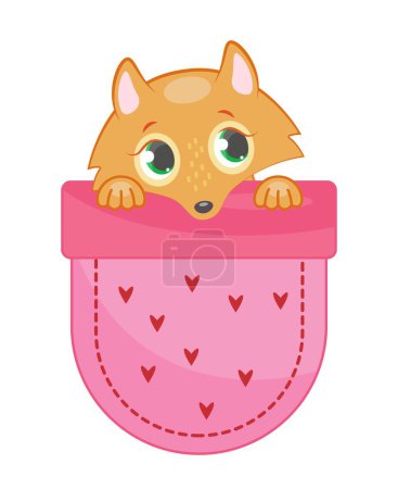 Illustration for Fox in pocket. Cute orange animal peeks out from behind pink piece of fabric in semicircular shape. Sewing and needlework. Clothing element, fashion and style. Cartoon flat vector illustration - Royalty Free Image