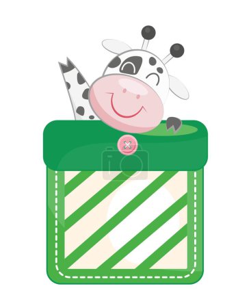 Illustration for Cow in pocket. Black and white animal peeks out from behind green square of fabric and waves affably. Style, elegance, fashion, trend. Accessory for kids clothing. Cartoon flat vector illustration - Royalty Free Image