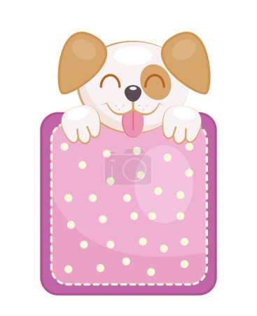 Ilustración de Perro en el bolsillo. Happy cachorro se asoma por detrás de la pieza cuadrada de tela rosa. Creatividad y arte, costura y costura, hecho a mano. Elegancia, estética y moda. Dibujos animados ilustración vector plano - Imagen libre de derechos