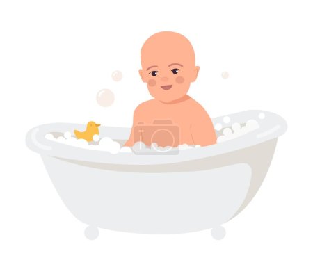 Illustration for Baby in bathroom. Little boy sits and smiles in bath with bubbles and ducks. Household chores, routine and hygiene, skin care and cleanliness. Care and love. Cartoon flat vector illustration - Royalty Free Image