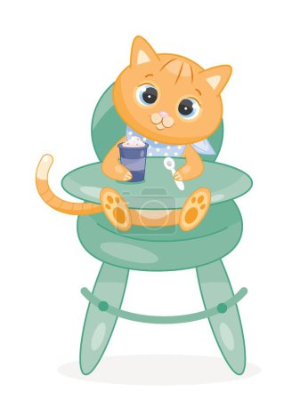 Illustration for Baby cat with food. Cute animal sits on special chair with jar in one paw and fork in other. Graphic element for printing on fabric, sticker for social networks. Cartoon flat vector illustration - Royalty Free Image