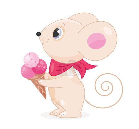 Illustration for Baby mouse with ice cream icon. Cute animal holding waffle cone with three pink balloons. Mascot or toy. Sweets, delicacy and gourmet. Sticker for social networks. Cartoon flat vector illustration - Royalty Free Image