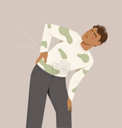 Illustration for Back pain concept. Man stands and holds on to his lower back. Poor posture, injury, trauma and muscle problem. Medical poster or banner for website, health care. Cartoon flat vector illustration - Royalty Free Image