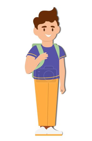 Illustration for Boy back to school. Sticker for social networks and messengers. Schoolboy with backpack stands and smiles. 1 September, day of knowledge. Training and education. Cartoon flat vector illustration - Royalty Free Image