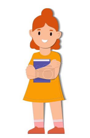 Illustration for Girl back to school. Schoolgirl with book stands and smiles. Autumn holidays, 1 September and knowledge day. Student with textbooks. Graphic element for website. Cartoon flat vector illustration - Royalty Free Image
