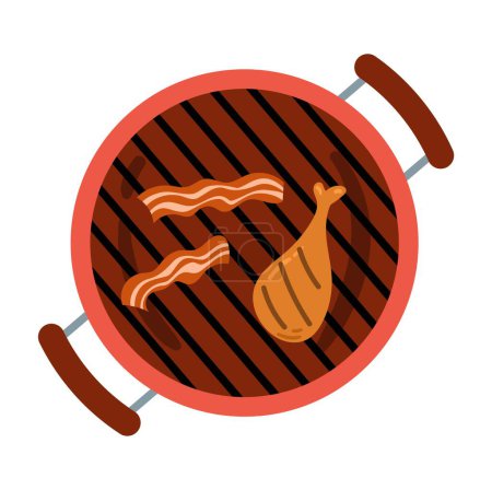Illustration for BBQ grilled meat. Bacon and chicken leg on fire, cooking meat for delicious lunch or breakfast in nature. Active lifestyle, vacation and holiday. Kitchen utensil. Cartoon flat vector illustration - Royalty Free Image