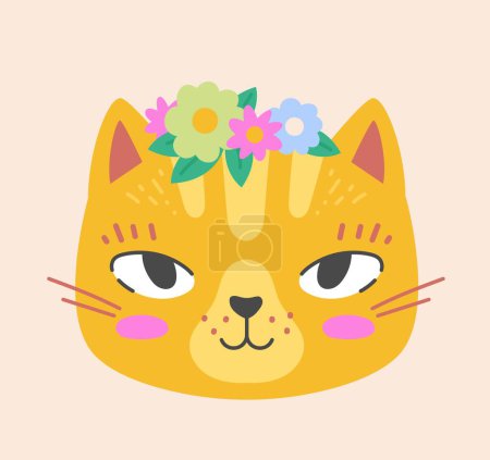 Illustration for Yellow cat with wreath. Charming kitten with flowers on his head. Symbol of spring and summer seasons. Decoration and accessory. Graphic element for website. Cartoon flat vector illustration - Royalty Free Image