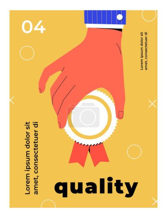 Illustration for Yellow quality poster. Hand holds medal, evaluation of product or goods. Feedback, ranking and rating. Award and achievement, prize. Cover of booklet in retro style. Cartoon flat vector illustration - Royalty Free Image