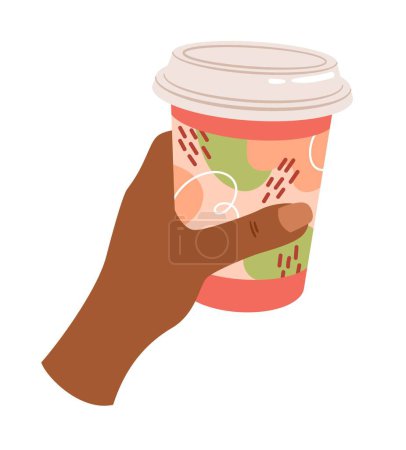 Illustration for Coffee or tea in cup. Hand holds plastic cup with hot drink. Template, layout or mock up. Abstract patterns, lunch break. Tableware for cafe. Aroma and beverage. Cartoon flat vector illustration - Royalty Free Image