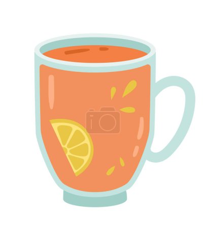 Illustration for Coffee or tea in cup. Hot drink in glass goblet with lemon. Restaurant or cafe, menu, graphic element for website. Sticker for social networks and messengers. Cartoon flat vector illustration - Royalty Free Image