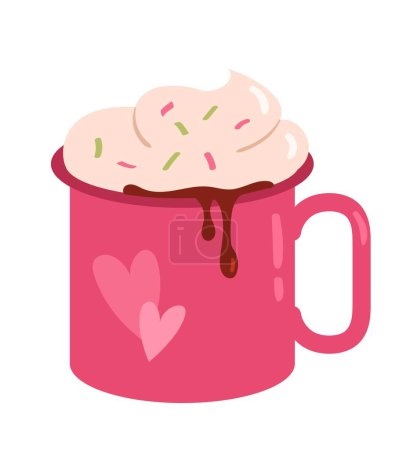 Illustration for Coffee or tea in cup. Sweets in pink mug with hearts. Dessert and delicacy, gourmet. Cream and milk cream. Milkshake, cafe or restaurant menu. Beverage and aroma. Cartoon flat vector illustration - Royalty Free Image