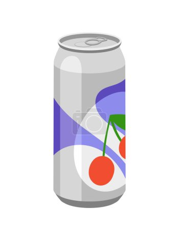 Illustration for Cold cherry soda. Aluminum can with drink for summer season and hot weather. Delicious juice, dessert and gourmet. Sticker for social networks and messengers. Cartoon flat vector illustration - Royalty Free Image