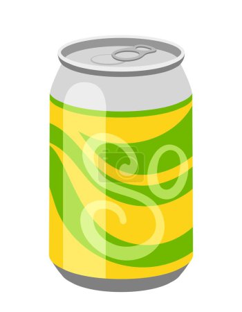 Ilustración de Icono de bebida fría. Embalaje amarillo con patrones verdes abstractos y orgánicos. Plantilla, maqueta y diseño. Soda de fruta o jugo. Cóctel de clima caliente en frasco gris. Dibujos animados ilustración vector plano - Imagen libre de derechos