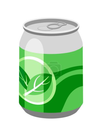 Illustration for Cold drink icon. Aluminum can with green patterns and leaf logo. Natural and organic product. Refreshing cocktail or juice. Mojito and soda for summer season. Cartoon flat vector illustration - Royalty Free Image