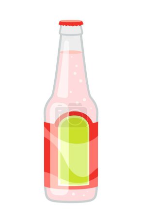 Illustration for Cold drink icon. Glass bottle with red and green label and abstract design. Red liquid, cocktail, soda or juice, alcoholic drink. Template, layout or mock up. Cartoon flat vector illustration - Royalty Free Image
