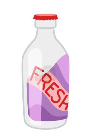 Illustration for Cold fresh drink icon. Glass bottle with purple label, abstract pattern and inscription. Graphic element for website. Tropical countries, hot weather and summertime. Cartoon flat vector illustration - Royalty Free Image