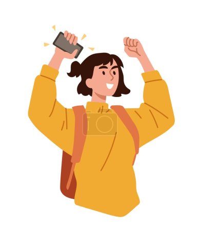 Illustration for Woman celebrating victory. Young girl raises her hands from smartphones up. Emotions, happiness and joy. Advertising poster or banner for website. Lottery winner. Cartoon flat vector illustration - Royalty Free Image
