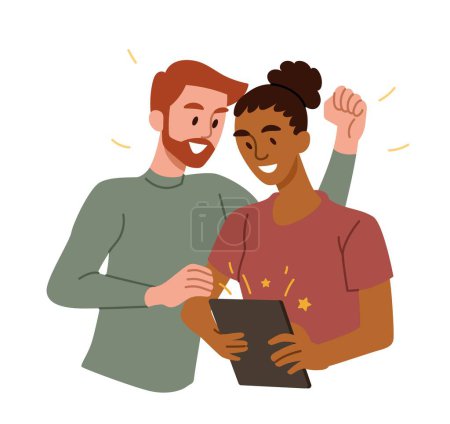 Illustration for Couple celebrating victory. Man and woman look at screen of tablet in anticipation of good news. Advertising graphic element for website. Teamwork, partnership. Cartoon flat vector illustration - Royalty Free Image