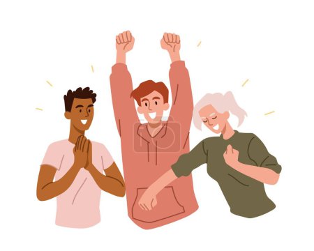 Illustration for Team celebrating victory. Women and men throw their hands up in victory. Reaction for messengers. Successful work, colleagues and partners. Cooperation and teamwork. Cartoon flat vector illustration - Royalty Free Image