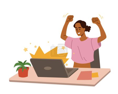 Illustration for Woman celebrating victory. Young girl in office looks at laptop and raises her hands up. Successful entrepreneur or investor, financial literacy and passive income. Cartoon flat vector illustration - Royalty Free Image
