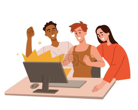 Illustration for Team celebrating victory. Men and woman sit next to computer screen. Lottery winners. Cooperation, teamwork and collaboration. Employees and colleagues in office. Cartoon flat vector illustration - Royalty Free Image