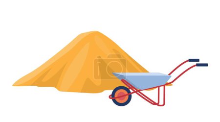 Illustration for Sand with cart icon. Material for building house, construction. Transport and inventory for transport of bulk cargo. Urban architecture concept. Outdoor trolley. Cartoon flat vector illustration - Royalty Free Image