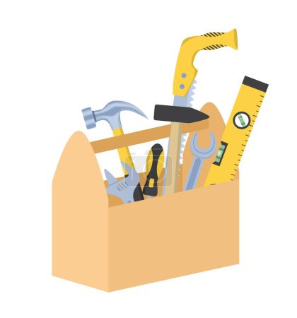 Illustration for Set of builder tools. Hammers, wrench, ruler and level. Tool for construction and reconstruction in box. Graphic element for website, sticker for social networks. Cartoon flat vector illustration - Royalty Free Image