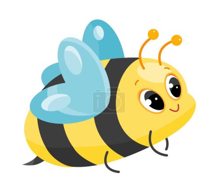 Ilustración de Lindo personaje de avispa. Panal de abeja, insecto negro y amarillo con alas. Mascota o juguete para niños. Cartel o banner para el sitio web. Cuento de hadas, fantasía e imaginación. Dibujos animados ilustración vector plano - Imagen libre de derechos