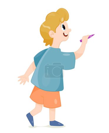 Illustration for Cute boy painting drawings on wall. Young guy standing with purple pencil or marker. Drawing training, adorable character by canvas. Sticker for social networks. Cartoon flat vector illustration - Royalty Free Image
