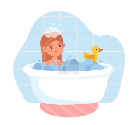 Illustration for Kid girl in bath. Charming young character in bathroom with bubbles and yellow duck. Daily routine and activity. Clean and health care, hygiene. Soap and gel. Cartoon flat vector illustration - Royalty Free Image