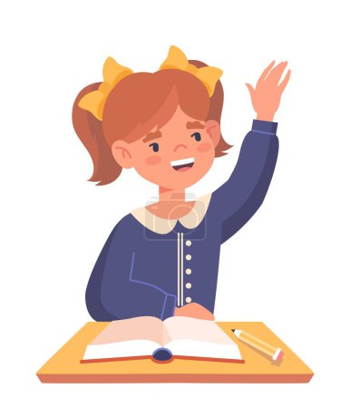 Illustration for Schoolgirl raise hand. Character wants to answer, diligent girl at lesson. Smart student sitting at classroom with book. Education, learning and training, knowledge. Cartoon flat vector illustration - Royalty Free Image