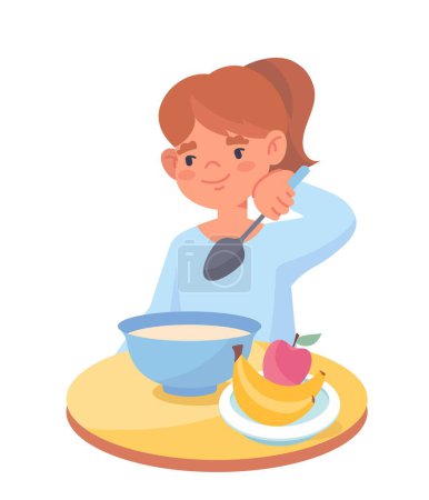 Illustration for Kid girl at breakfast. Schoolgirl sitting at table with porridge, apple and bananas. Delicious and healthy food. Healthcare and active lifestyle. Social media sticker. Cartoon flat vector illustration - Royalty Free Image