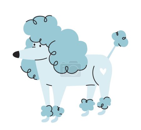 Illustration for Blue cute doodle dog. Poodle with big hair. Beauty, elegance and aesthetics. Minimalistic sticker for social networks and instant messengers. rare breed pet. Cartoon flat vector illustration - Royalty Free Image