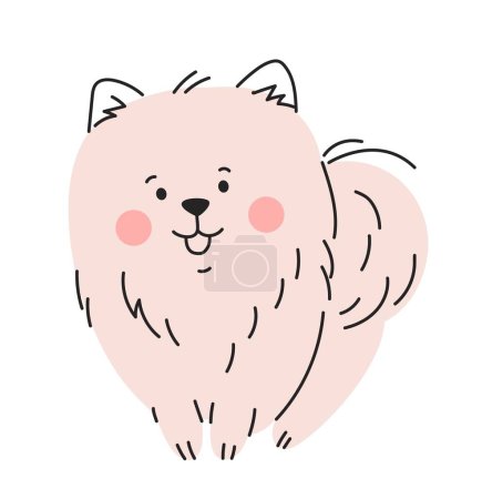 Illustration for Pink cute doodle dog. Fluffy and charming puppy stands. Minimalistic logotype for veterinary clinic or pet store. Graphic element for website, poster or banner. Cartoon flat vector illustration - Royalty Free Image