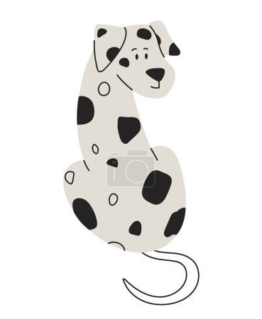 Illustration for Black and white cute doodle dog. Dalmatian sits with his back, beautiful and charming puppy. Love for pets and care for animals, mammal. Toy or mascot for children. Cartoon flat vector illustration - Royalty Free Image