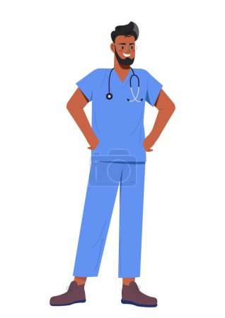 Illustration for Male doctor concept. Young guy standing in blue clothes. Therapist, medical staff. Poster or banner, graphic element for website. Specialist and professional. Cartoon flat vector illustration - Royalty Free Image