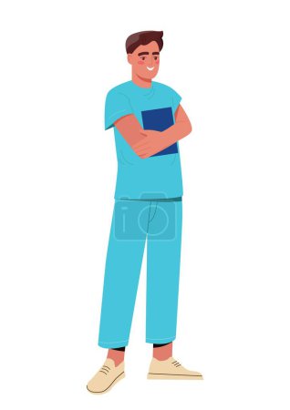 Illustration for Male doctor concept. Young guy in blue clothes stands with folder in his hands. Sticker for social networks and messengers. Professional and specialist in uniform. Cartoon flat vector illustration - Royalty Free Image