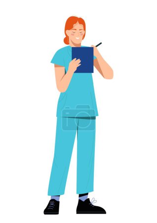 Illustration for Female doctor concept. Young girl in blue uniform takes notes in notebook, writes down patients complaints and forms schedule, chooses best treatment method. Cartoon flat vector illustration - Royalty Free Image