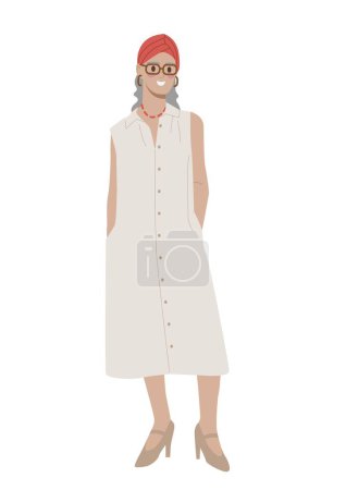 Illustration for Elderly woman in white dress. Grandmother stands and smiles. Model for advertising posters or banner, graphic element for website. Fashion, trendy and style. Cartoon flat vector illustration - Royalty Free Image