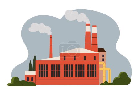 Illustration for Red factory concept. Large buildings with chimneys that emit smoke. Production of goods, processing. Industrial era, release of hazardous waste and substances. Cartoon flat vector illustration - Royalty Free Image