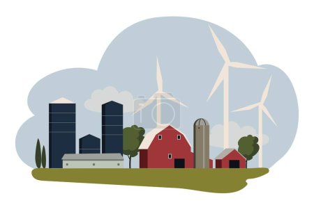 Illustration for Green factory concept. Agriculture and farming, village houses and windmills. Ecology and environmental care. Countryside, landscape. Alternative energy sources. Cartoon flat vector illustration - Royalty Free Image